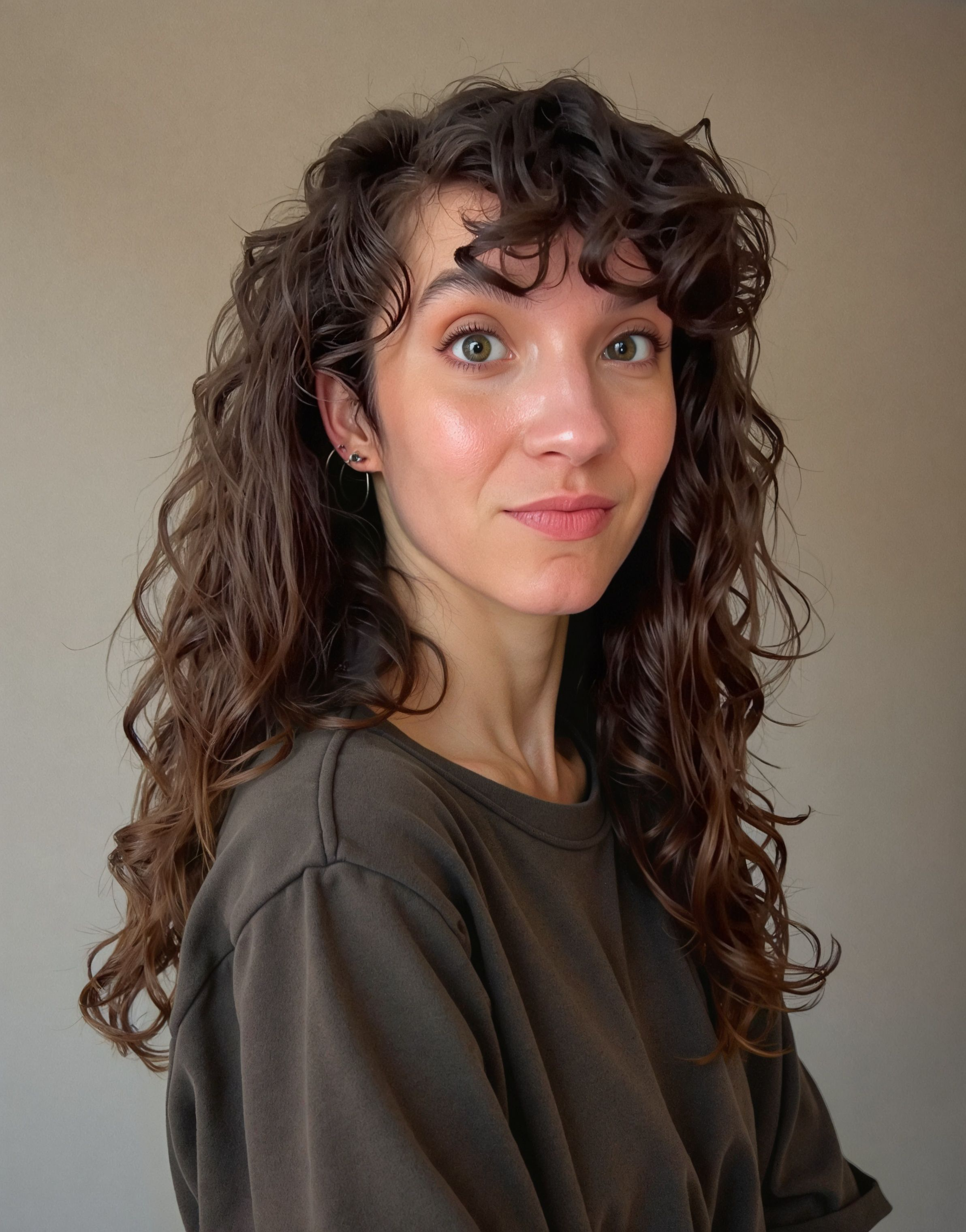 A person with long, curly brown hair wearing a dark shirt, looking directly at the camera with a slight smile against a plain background